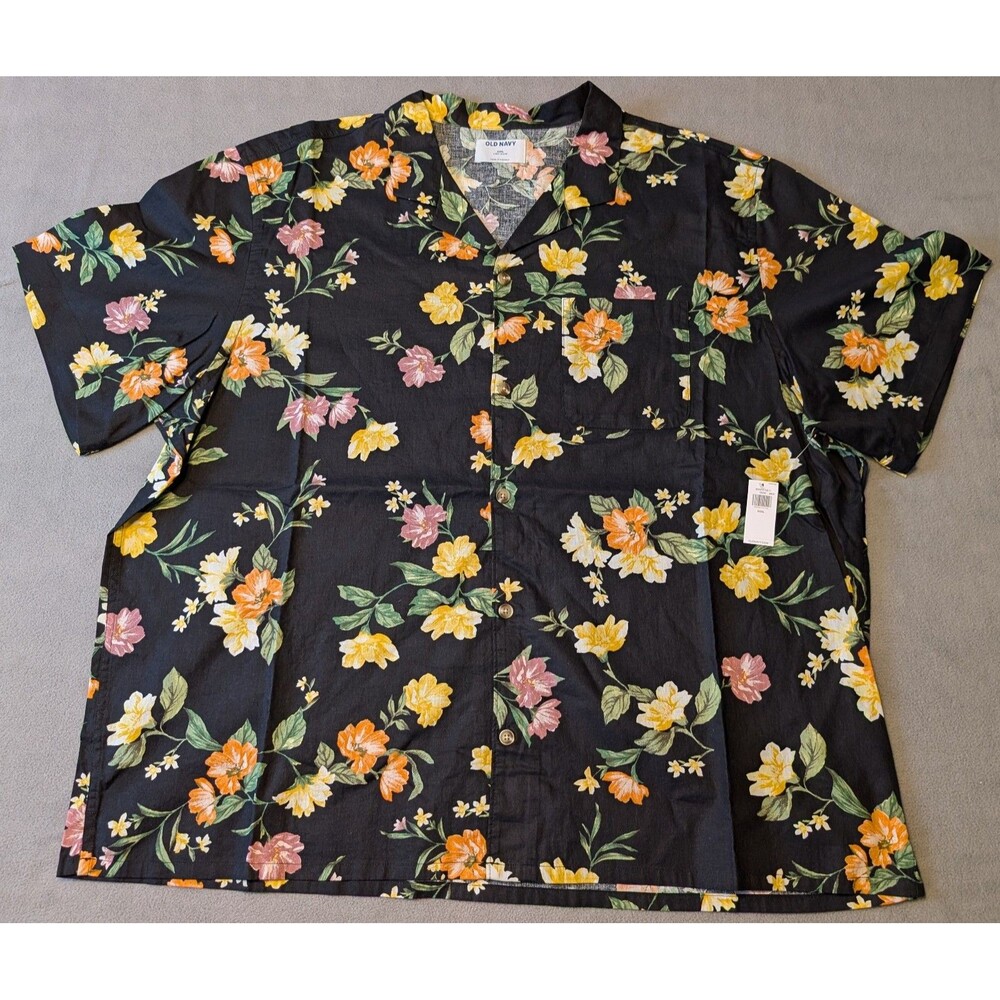 Old Navy Mens XXXL 3XL Black Floral Linen Camp Shirt Button Up NWT Hawaiian